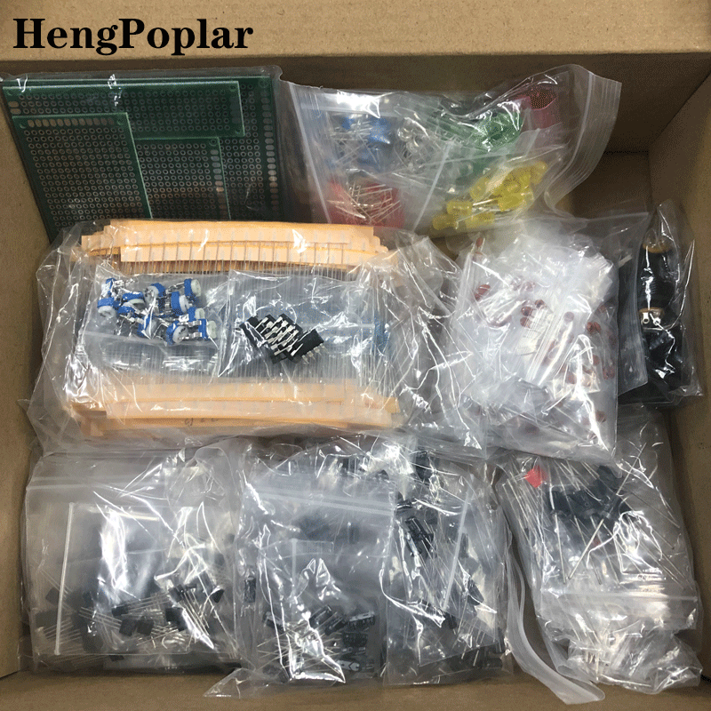 1900-delige Mega Electronic Component Kit inclusief assortiment + condensatoren + weerstanden + LED + transistors + DC-aansluitingen + PCB + opamp