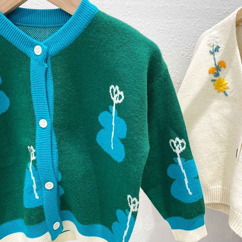 Suéter de estilo coreano para niños y niñas, cárdigan de punto de manga larga con dibujos animados, ropa de chico E2176, color verde, , Otoño,