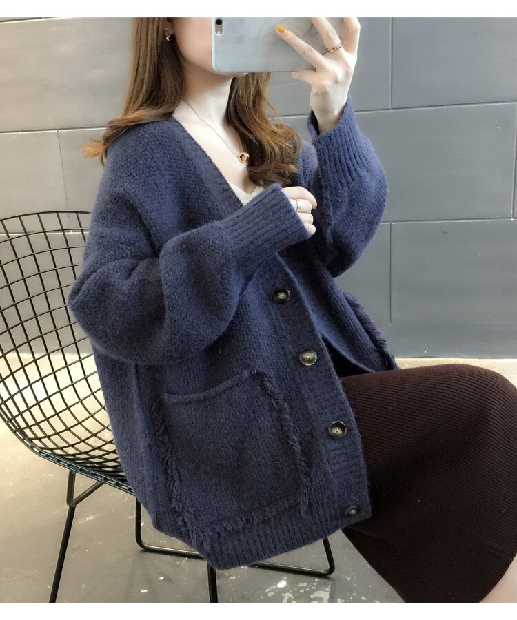 H.SA Otoño Invierno mujeres suéter de gran tamaño y Cardigans suéter largo mujeres Tops suéteres mujer abrigo de punto cálido paño suave: LM19196 Navy Blue
