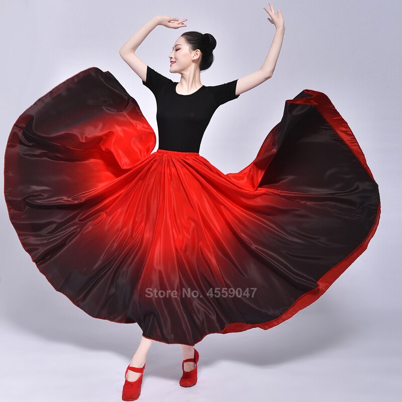 Spaanse Flamenco Rok Vrouwen Gradiënt Fading Kleur Smooth Glossy Luxe Elegante Grote Swing Dance Kostuum Meisjes Buik Maxi Jurk: Red to black / 4XL