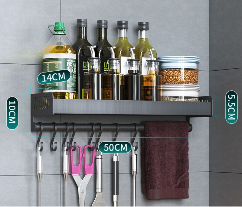 Aluminum Alloy Wall Mounted Kitchen Storage Rack Dish Drainer Plate Drying Pot Cover Cutlery Holder Pantry Oragnizer Accessories: 50cm Rack with rod