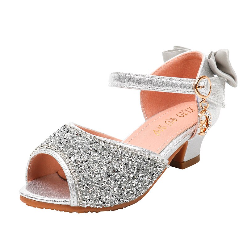 Sandales à talons hauts pour filles, chaussures de danse princesse à paillettes, strass et nœuds de Performance pour écoliers,