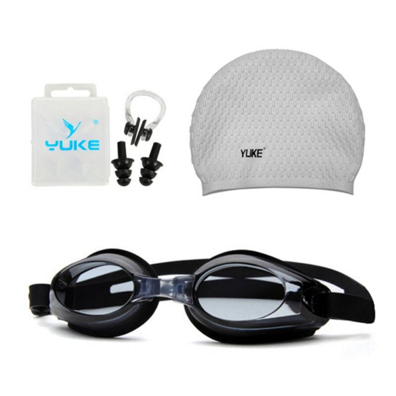 4 in 1 waterdichte anti-condens uv-bescherming surf zwembril zwembril en muts set volwassen zwembril zwemmutsen oordopjes: Zilver
