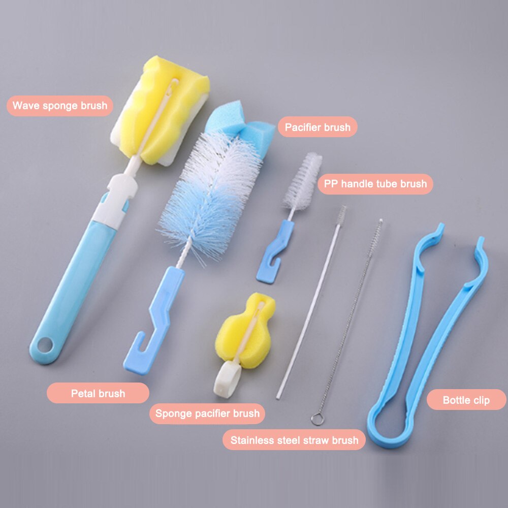 7 unidades/juego de brochas de lavado, esponja para botella de leche, utensilios con mango, tetina de tubo para niño pequeño, Juego de cepillos para taza de agua