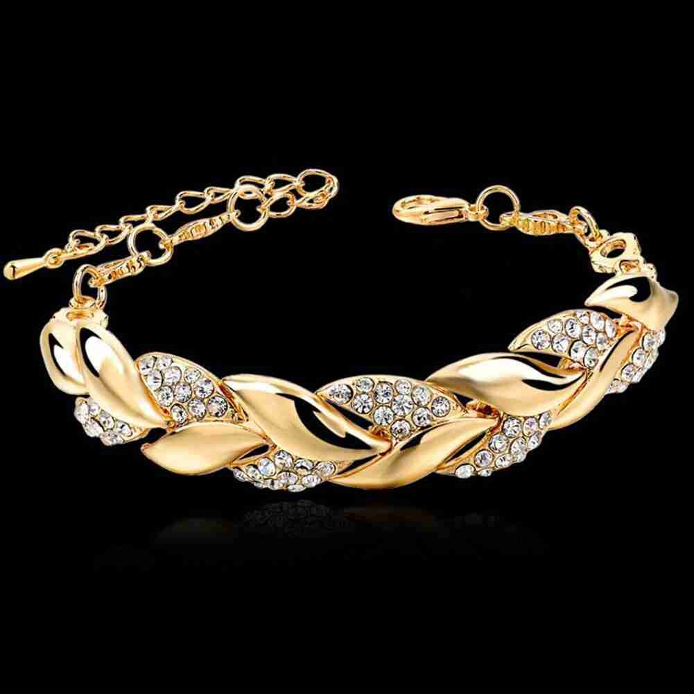 Gold Geflochtenen Blatt Armbänder Für Frauen Luxus Kristall Blatt Armbinde Hand Kette Für Braut Hochzeit Schmuck