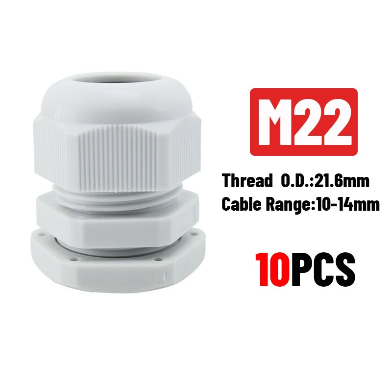 White 10pcs IP68 M12 for 3-6.5mm PG7 M16 M18 M20 M25 M36 M40 M63 Wire Cable CE Waterproof Nylon Plastic Cable Gland Connector: M22x1.5