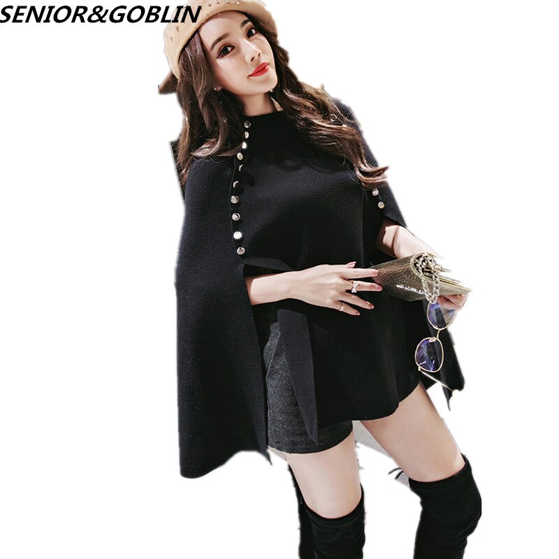 Vårvinter dam svart grå röd dubbelknäppt ponchos capes pullover stickad tröja femme batwing sleeve pull coat xl