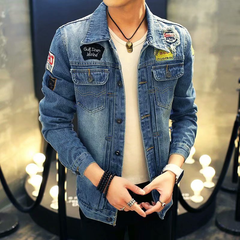 stå krage motorsykkel cowboy denim jakke menn høst kule trendy menns jean jakker vår uformelt frakk uttøy: S til 155cm 55kg
