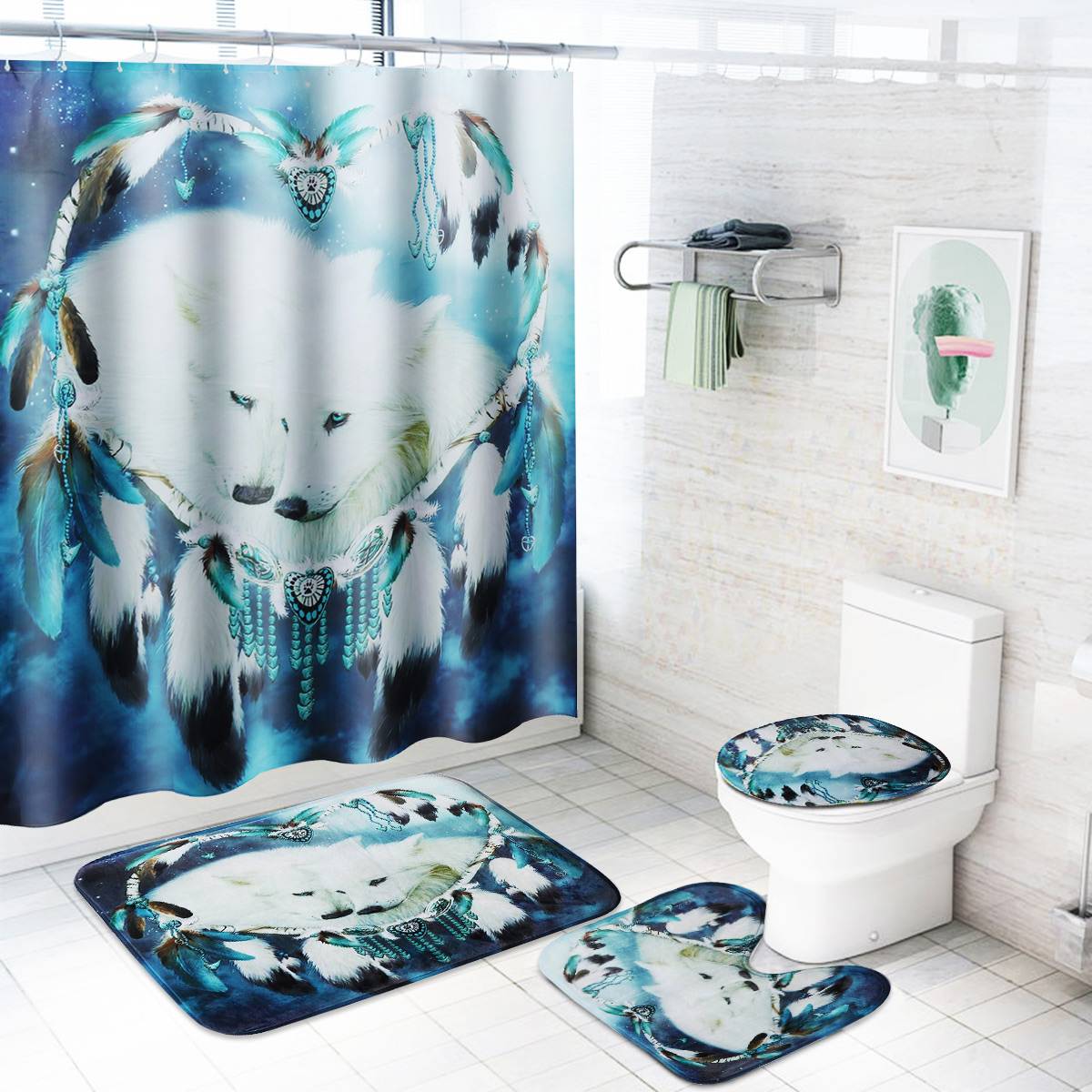 180x180cm 1 Pc/3 pièces/4 pièces blanc loup attrapeur de rêves yeux de loup avec 12 crochets salle de bain rideau de douche tapis de toilette couvercle tapis ensembles de rideaux