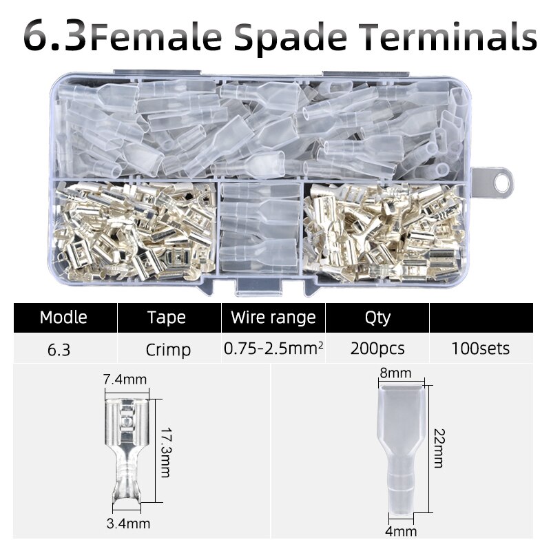 200pcs 2.8mm 4.8 6.3mm Female Spade coppe Crimp Terminals Electrical Sleeve Wire Wrap Connector for 22-16 AWG 0.5-2.5 Insulated: 6.3  200pcs