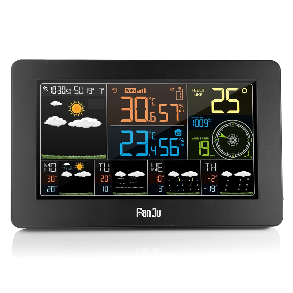 EU Plug Wifi Clock Digital Alarm Clock LCD Weather Station Temperature Humidity Pressure Wind Fouction