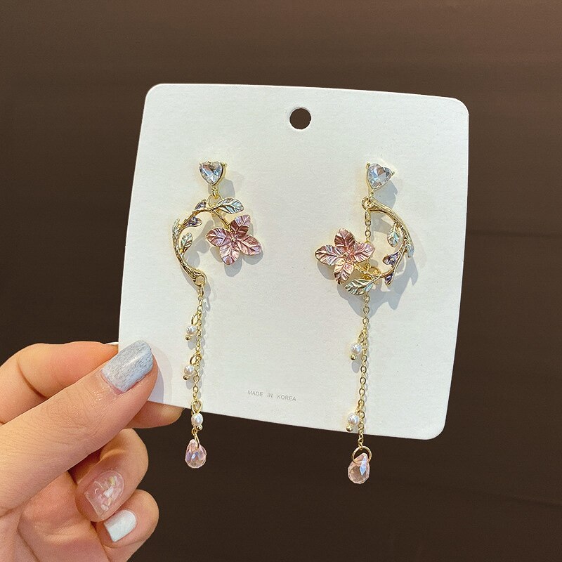 Mengjiqiao koreansk vintage metal pink blomst lang dingle øreringe til kvinder piger brincos temperament pendientes mujer smykker: Lyserød blomst