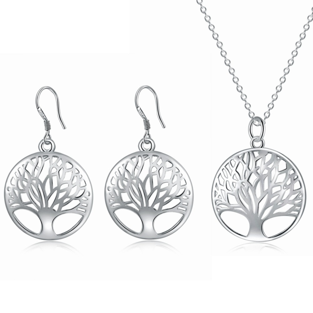 925 Sterling Zilver Life Tree Hanger Oorbel Ketting Set Voor Vrouw Wedding Engagement Charm Sieraden: Set