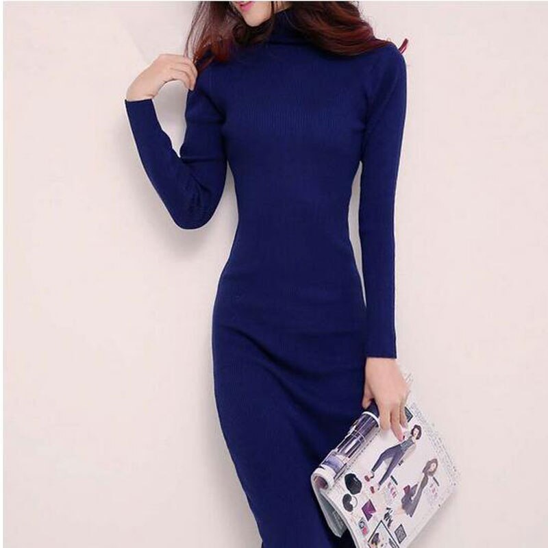 Vestidos zur Seite fahren Kleid Frauen Gestrickte Winter Langarm Kleid Femme Rollkragen Schwarz Kleid warm Herbst Frauen Kleidung AC700: Marine Blau / M