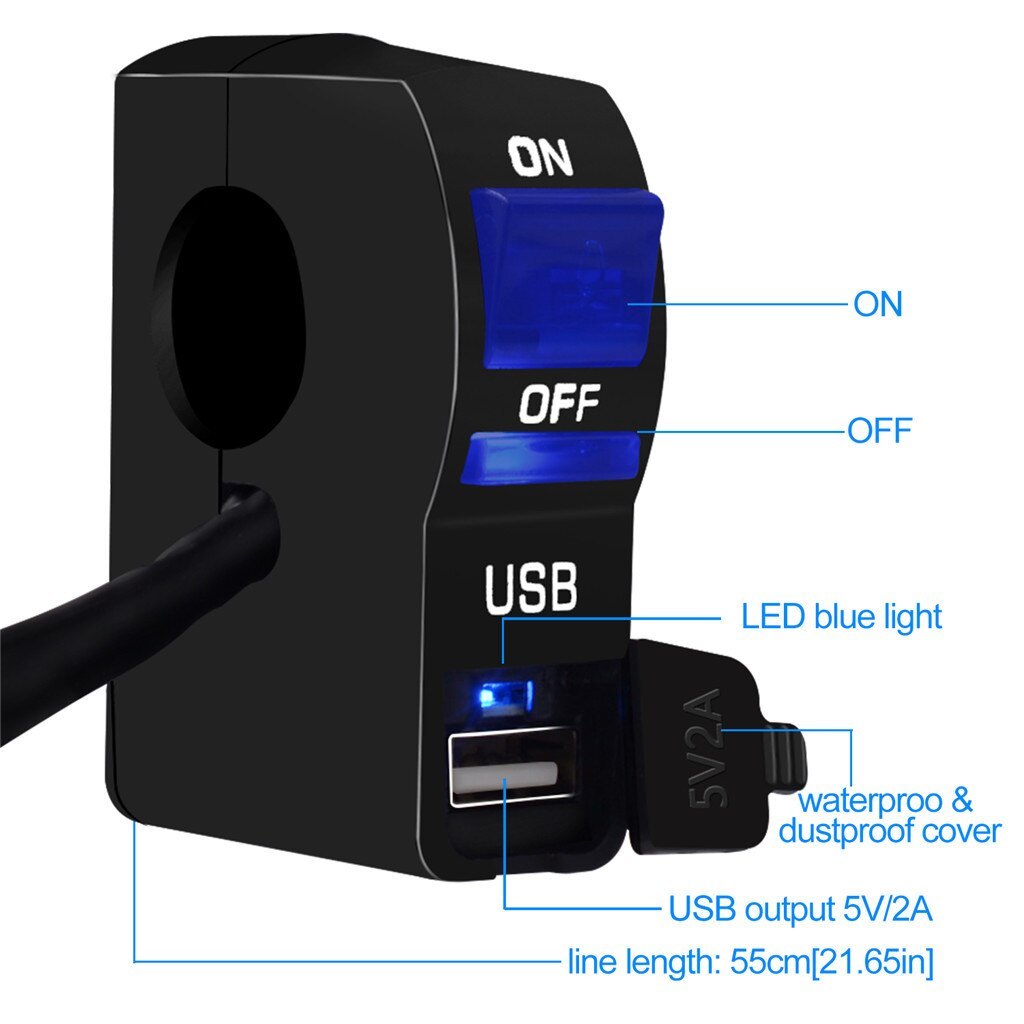 USB Port 12V Waterproof Motorcycle Handlebar Charger With Light Switch 5V 2A Adapter Power Supply Socket for Phone Mobile