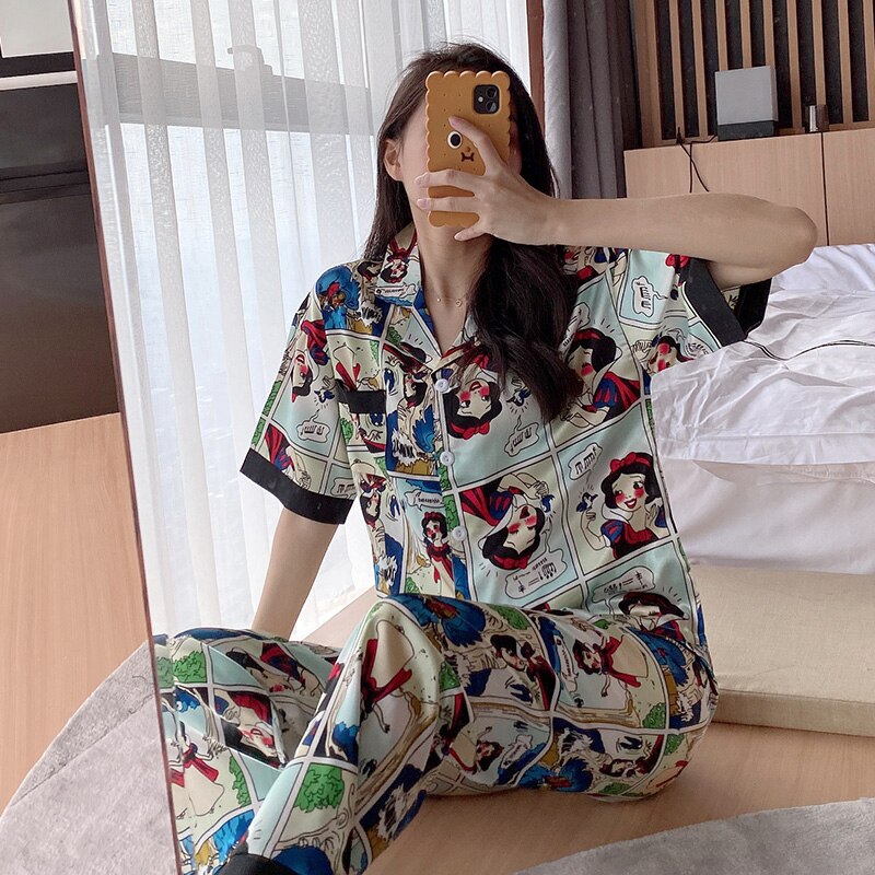 Pyjama drôle printemps et été pour femmes à manches courtes et pantalons longs 2 pièces ensembles de pyjama décontractés pyjama femme vêtements de nuit en soie