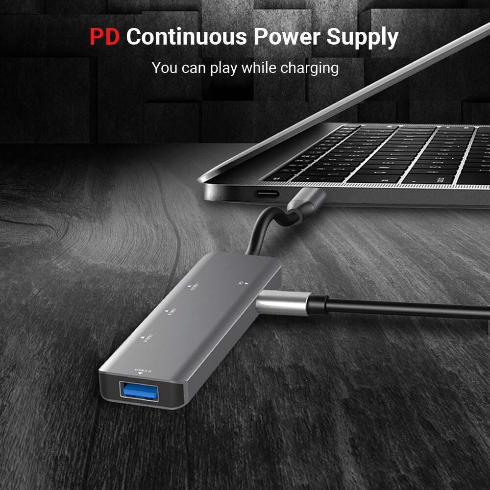 T508 5 in 1 Hub Typ C Zu USB3.0 * 4 + PD Intelligente USB Hub Multi-Hafen Adapter für Laptop Computer Handys Grau