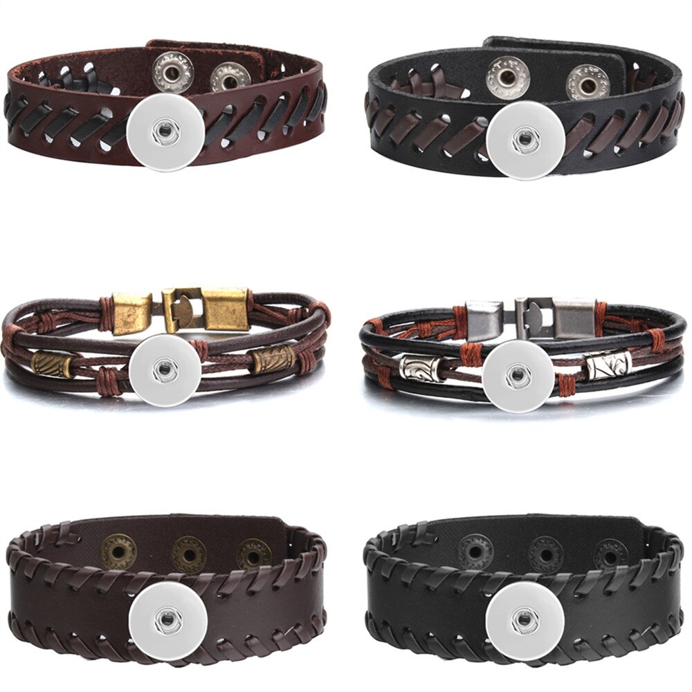 Snap Bracelet Men/Women Adjustable Black Brown Wrap Bangles Fit 18MM Snap Button Leather Bracelet Snap Jewelry