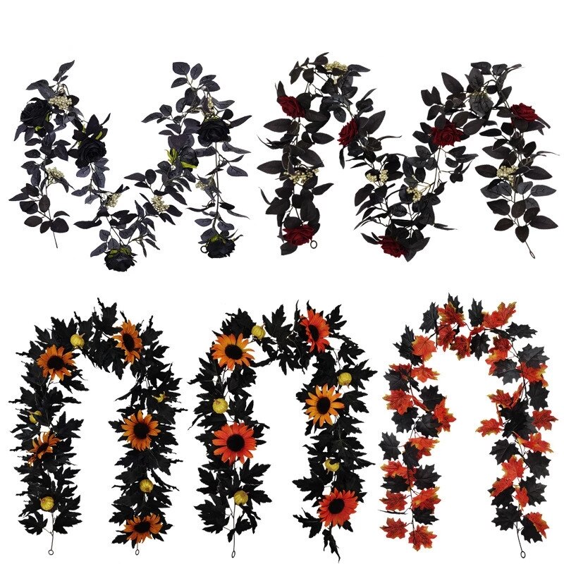 Keinotekoinen musta rottinki vaahteranlehti viiniköynnös halloween riippuva koriste kukat hääkuva rekvisiitta lehti ruusu seppele kasvit lehdet
