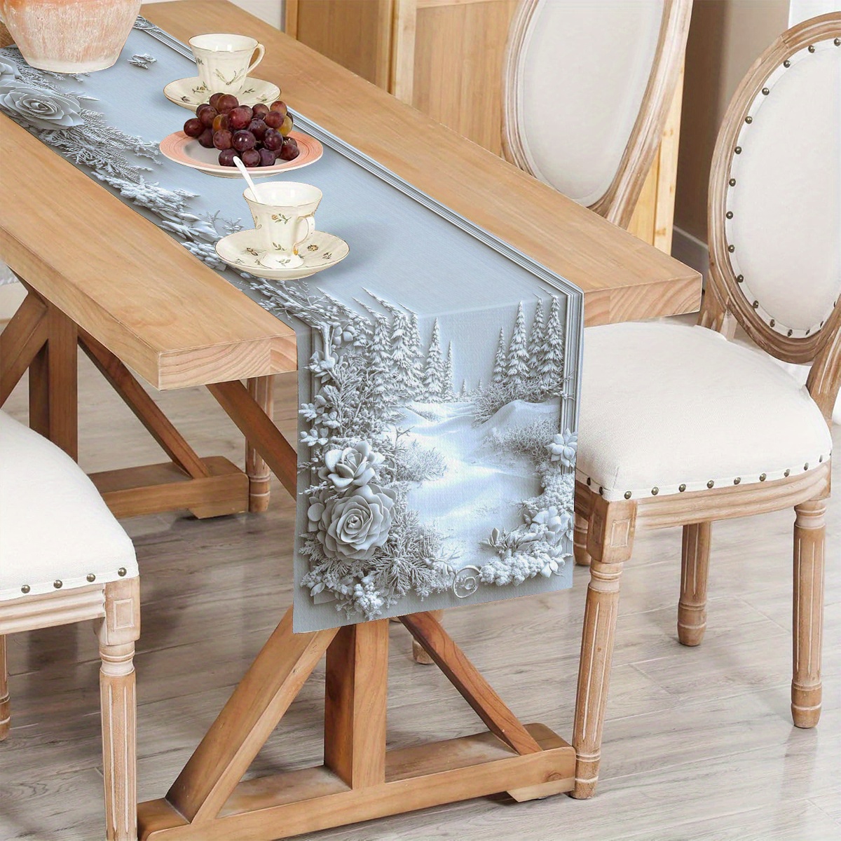 1pc juldukar med snöig skog och blommiga blad, snöig skog med tallar, rosor och bär, polyesterduk