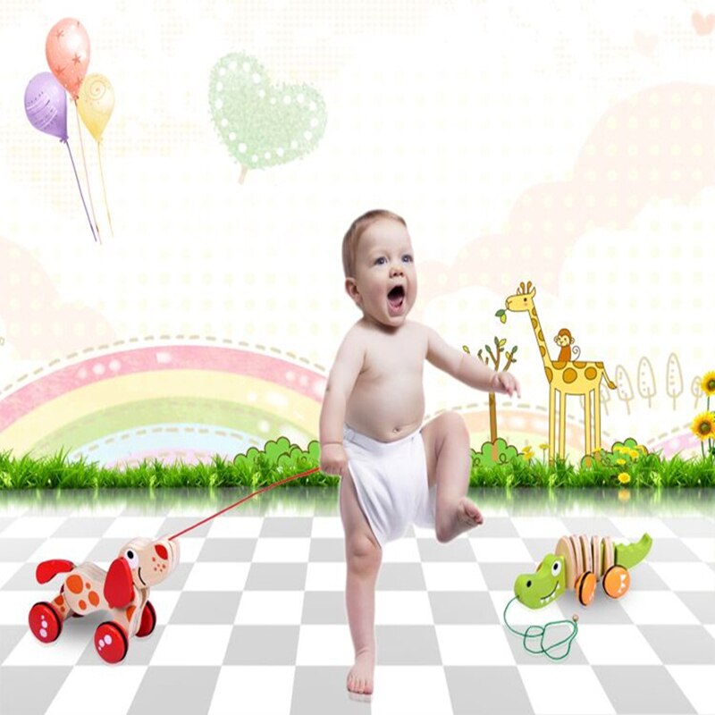 1 stücke Holz tier Pull auto rad spielzeug Canine Puppy hund puzzle kleinkind baby walking tails wedelt klettern spielzeug für kleinkind