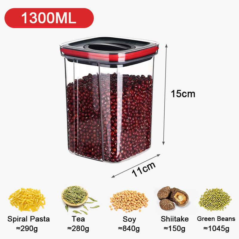 Food Vacuum Storage Box 600/1300/1800ML Food Storage Container Vacuum Sealing Tank Kitchen Keep Fresh Transparent Sealed Cans: Black Red 1300ML