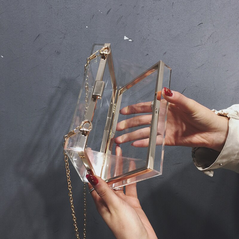 Dames acryl heldere clutch transparante crossbody tas avondtas sportevenementen stadion goedgekeurde kettingband goud/zilver