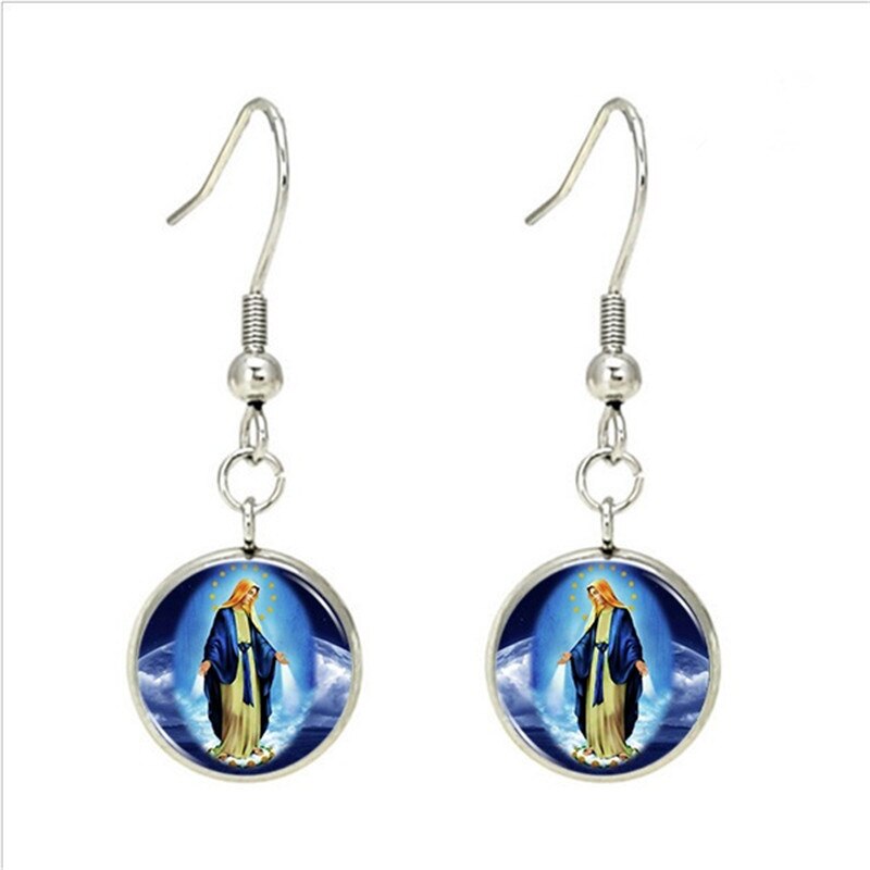 Jomfru mary glass cabochon anheng halskjede øredobber armbånd armbånd sett totalt 4 stk smykkesett til kvinner og #39 ;s