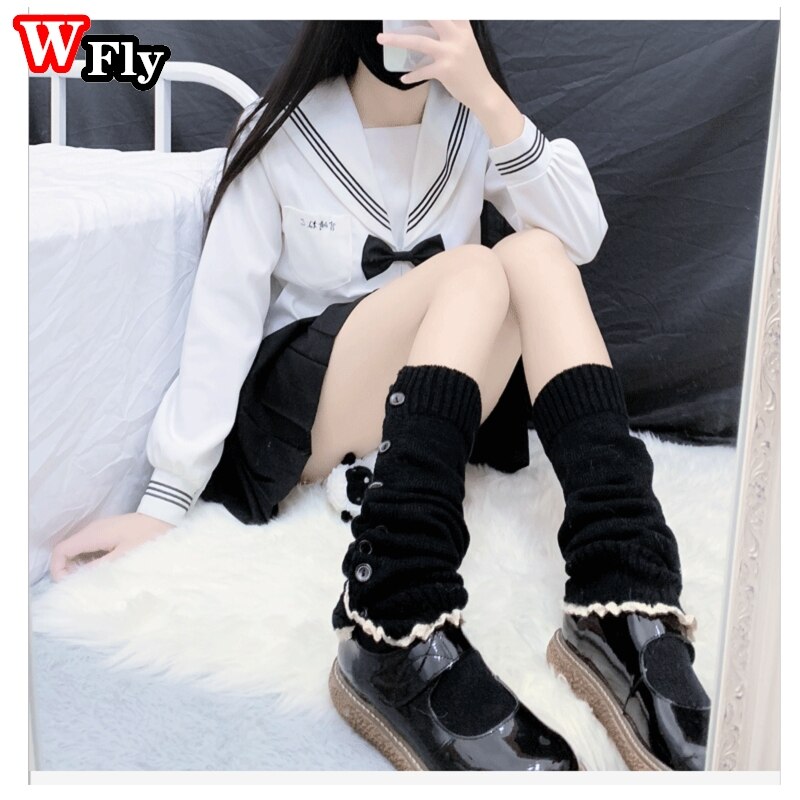 Calentadores de pierna con botón para mujer, medias, calentador de piernas JK Lolita Kawaii, tejido de lana, calentador de piernas, conjunto de botas de manga