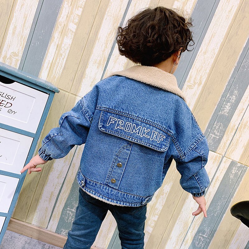 Jongens Dikke Denim Jasje Kraag Big Pocket Teddy Kasjmier Voering Jongens Herfst En Winter Kleding Peuter Winter Jas