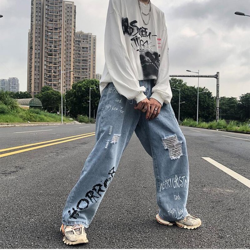 Vrouwen Jeans Losse Jeans Graffiti Jeans Hip Hop Broek Skateboard Broek Straat Kleding Y2K Broek Oversized Gescheurde Jeans