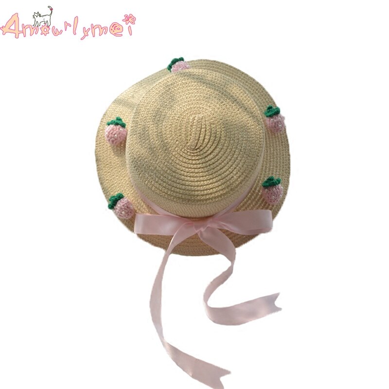 Amourlymei, , novedad de , sombrero de playa de verano para mujer, sombrero de sol estilo japonés Mori Girl Lolita Kawaii, sombreros de paja con lazo rosa fresa