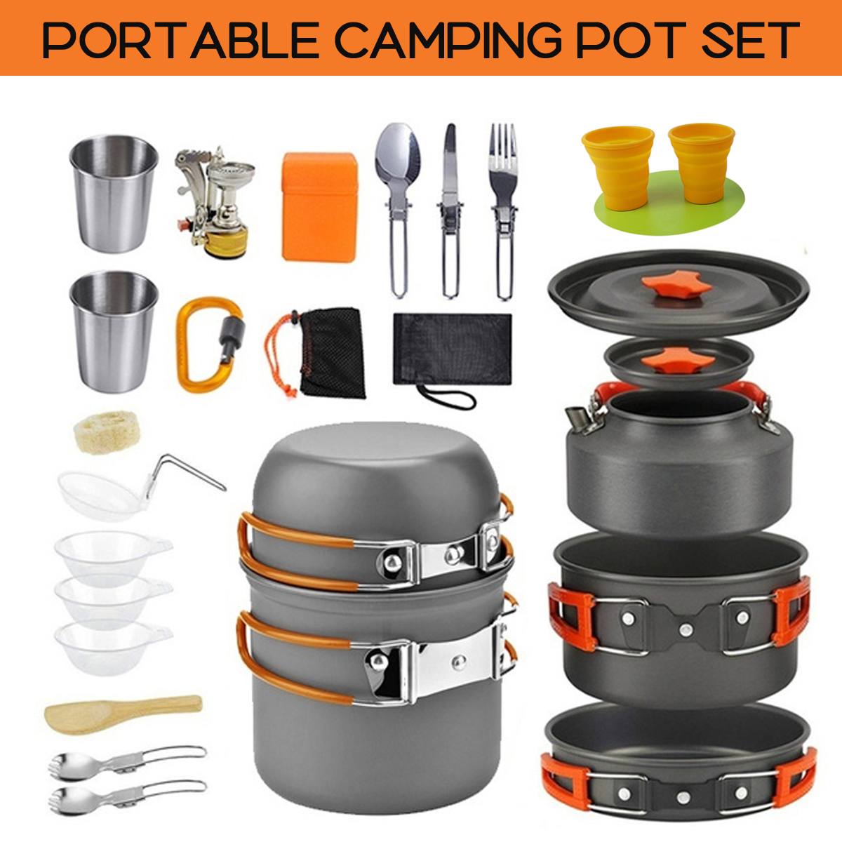 Outdoor Camping Cookware Tableware Picnic Cooking Pan Fry Pan Kettle Teapot Foldable Fork Spoon Kit Hiking Camping Picnic Tools