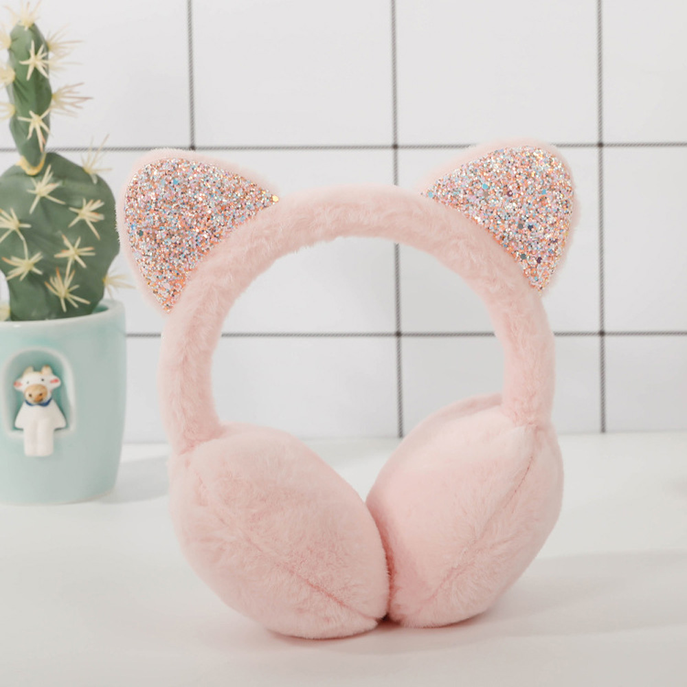 Orejeras de felpa con orejas de gato para niño, orejeras bonitas y cálidas para exteriores, de lentejuelas brillantes, suaves, diadema para niño, 6 colores: light pink