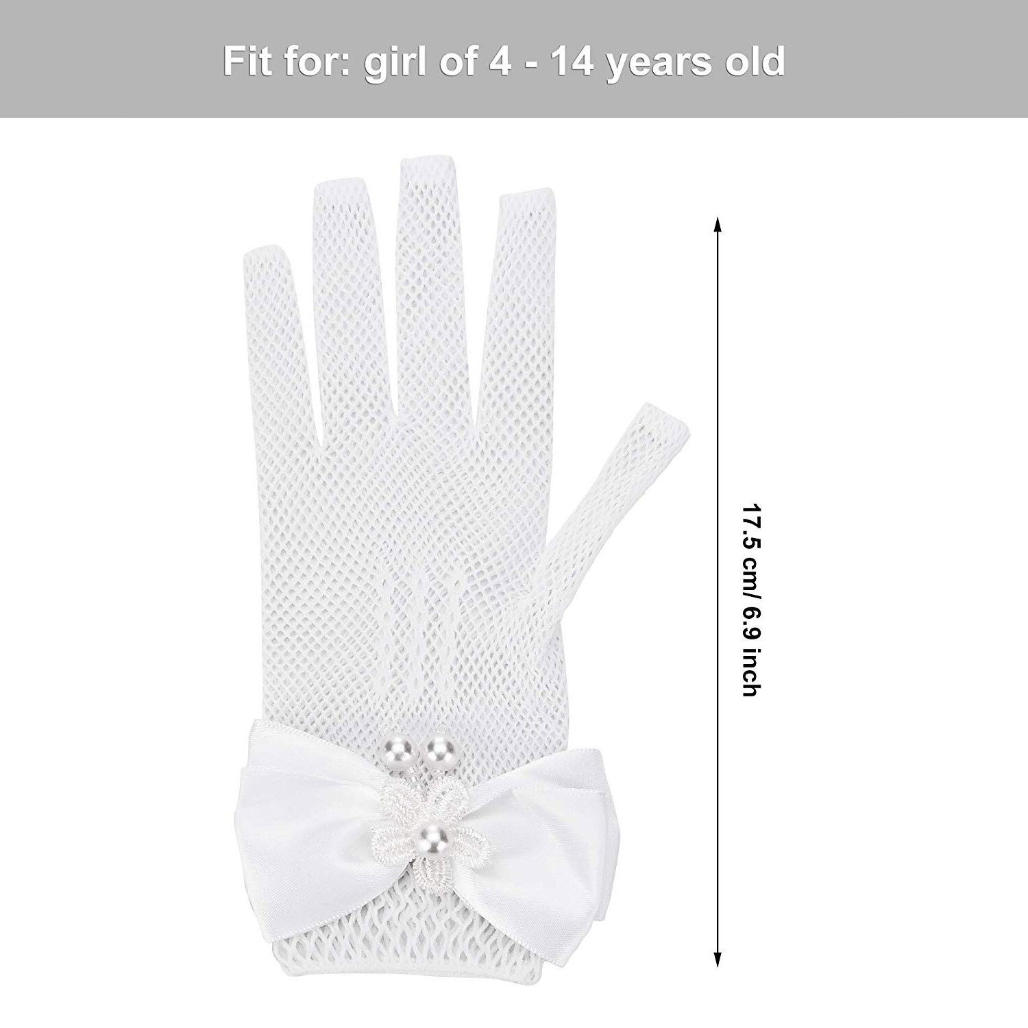 Infant Baby Children Girls Pageant Dance Princess Birthday Party Lace Gloves White Mesh Bowknot Pearls Wedding Glove Age 4~16