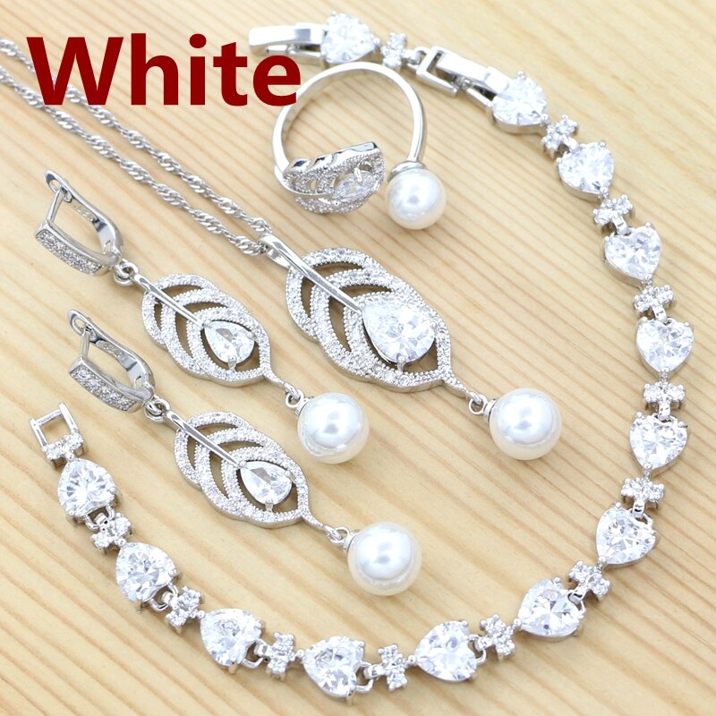 925 silber Schmuck-Set Für Frauen Engagement Blau Stein Weiß Perle Herz Form Armband Halskette Anhänger Ohrringe Offenen Ring: WHITE