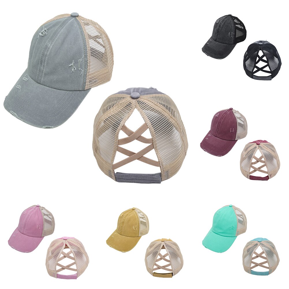 Trou casquette de Baseball réglable unisexe Sports de plein air maille été voyage autocollant magique soleil chapeau Criss croix queue de cheval décontracté