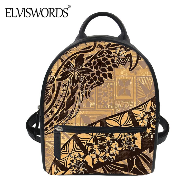 ELVISWORDS-Mini mochila De Cuero PU para Mujer, bolsa para hombro duradera con estampado Tribal polinesiano, Hawái, Plumeria: ZBX2047Z4