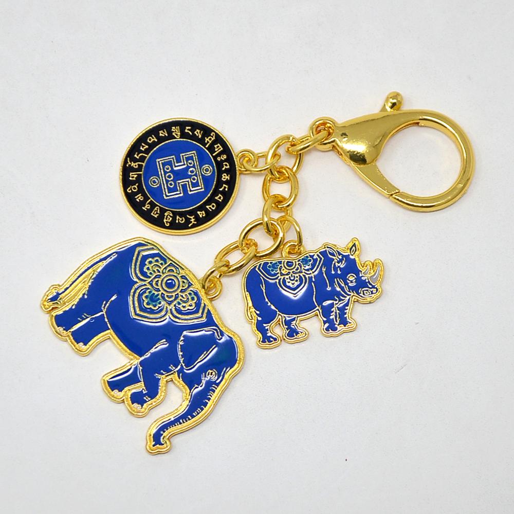 Porte-clés Anti-cambriolage Feng Shui, éléphant et rhinocéros bleus W4283