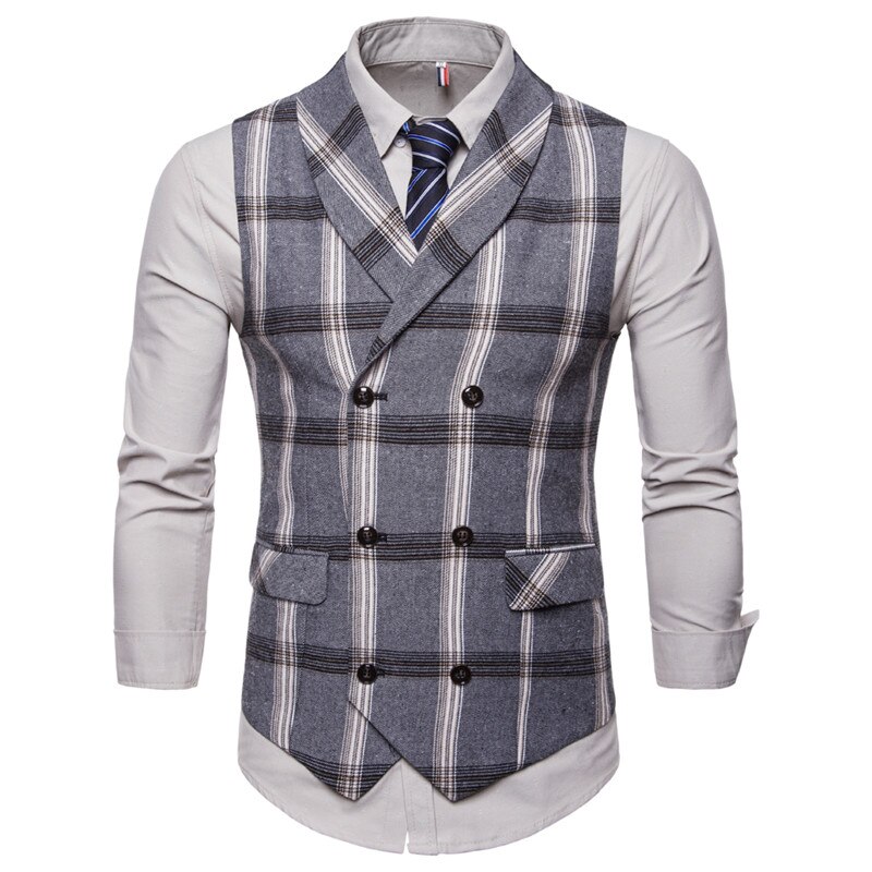 Ffxzsj klassisk rutete dressvest herre slank passe dobbelspent Vest Vest herre virksomhet bryllup røyking Vest gilet homme: Grå / M