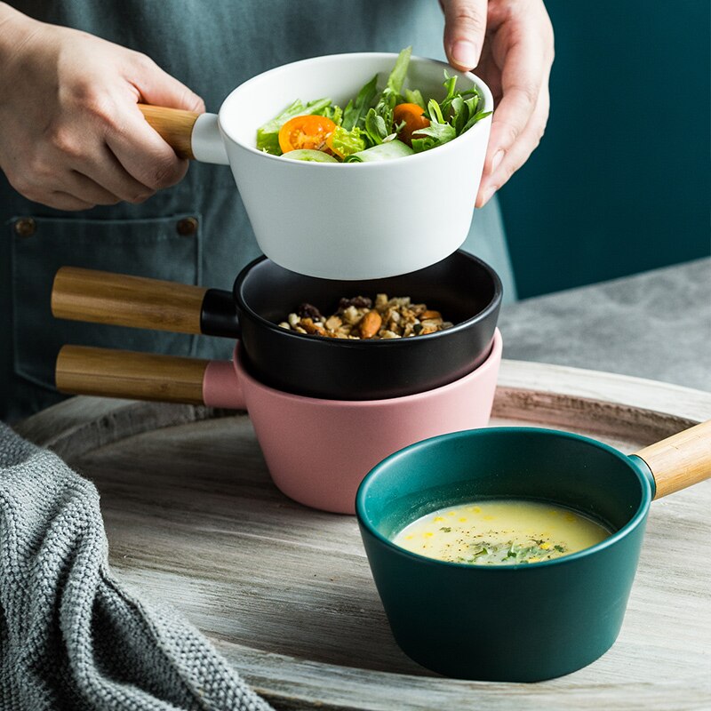 Nordic Salad Bowl Dessert Cup Soup Bowl Wooden Handle 450ml Oat Meal Breakfast Yogurt Bowl Ins
