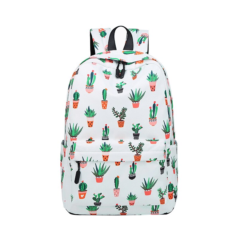 atinfor Brand Waterproof Nylon Lightweight Cactus Printing Backpack Women 16.5 inch Middle School Student Book Bag: White