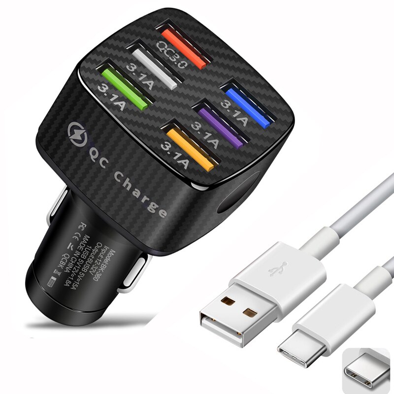 Neueste kfz-usb-ladebuchse mit 6 anschlüssen 75w qc 3.0 schnellladefunktion für xiaomi 12 pro, samsung, iphone 13 pro max 11 12: Schwarz und kabel