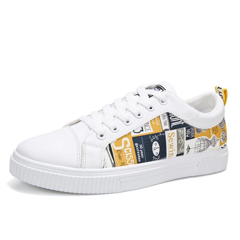 Forår mænd fritidssko gul læder sneakers graffiti flade skridsikre slidbestandige snørebånd åndbare sorte herresko