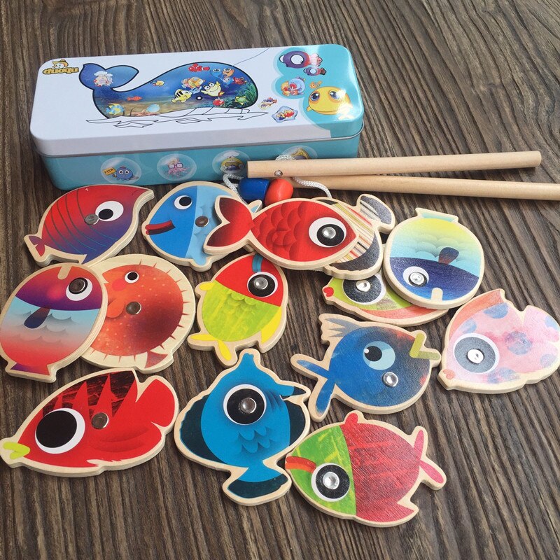 14 fische + 2 Angelruten Holz freundlicher Spielzeug Magnetische Spielen Spiel Eisen Kasten freundlicher Pädagogisches Spielzeug Jungen Mädchen 103
