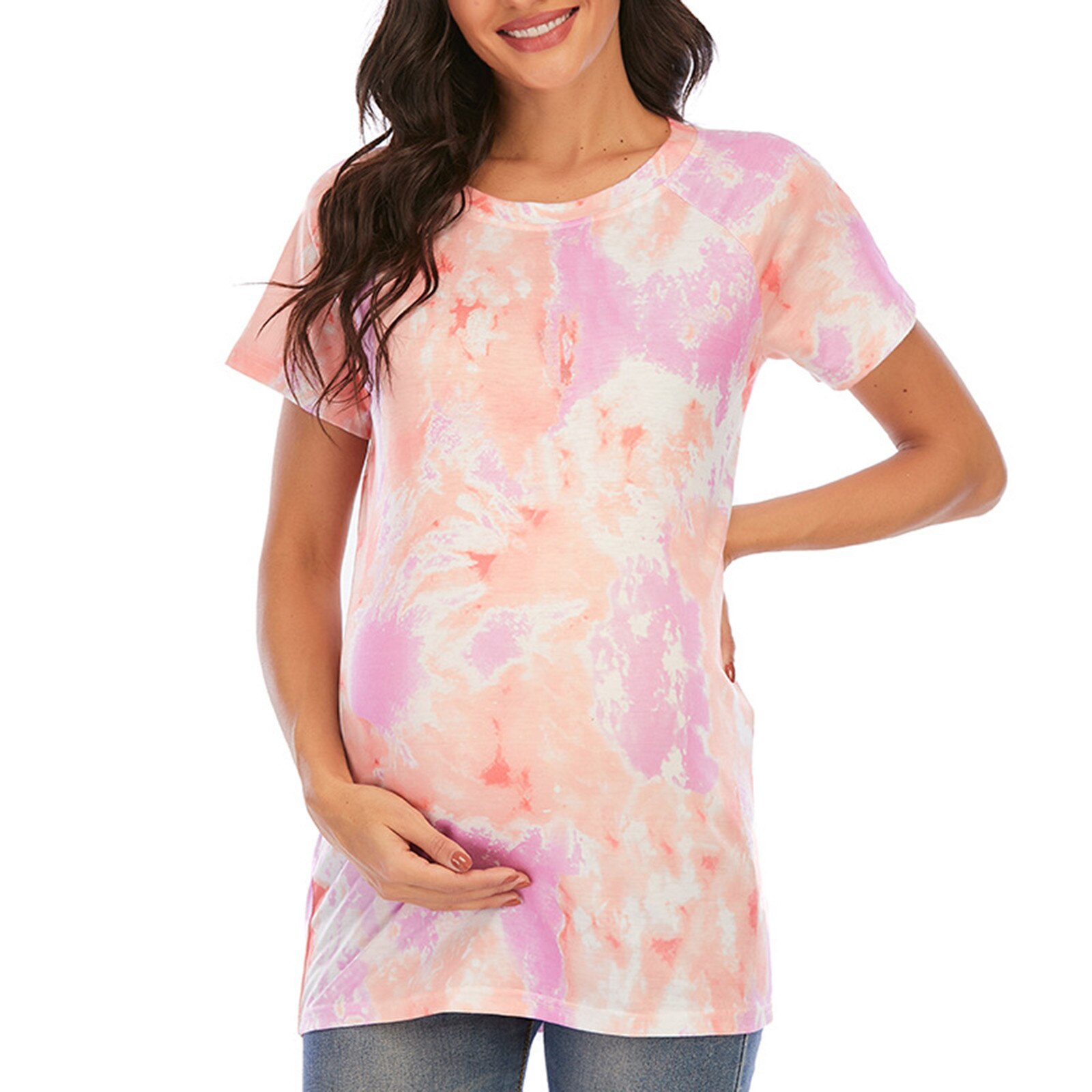 Summer Women Maternity Pregnancy T-Shirt Tie-Dye Tops Blouse Casual Clothes Maternity Clothes Loose Top Ropa de maternidad: Pink  / XXL