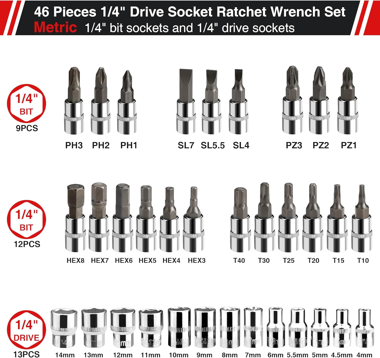 46pcs Car Repair Tool Kit 1/4-Inch Socket Set Car Repair Tool Ratchet Torque Wrench Combo Auto Repairing Set Mechanic Tool