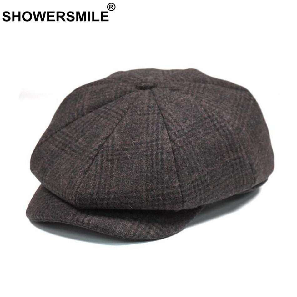 SHOWERSMILE Men Newsboy Caps Woolen Herringbone Flat Caps Coffee Retro Eight Piece Cap Male Vintage Autumn Winter Octagonal Hats