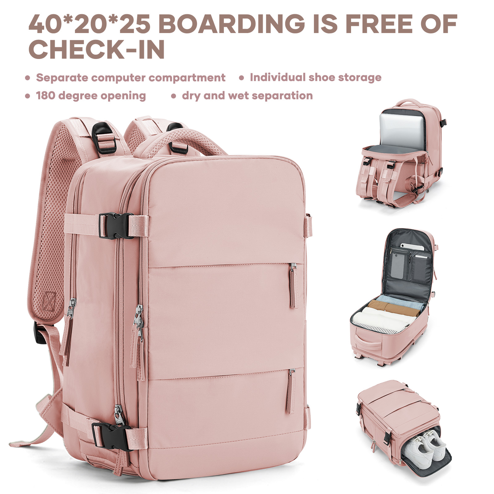 College Laptoptas Reisrugzak Grote capaciteit Easyjet 45x36x20 Rugzak Ryanair 40x20x25 Cabin Rugzak, Handbagage Tas: 15 Inches / Roze