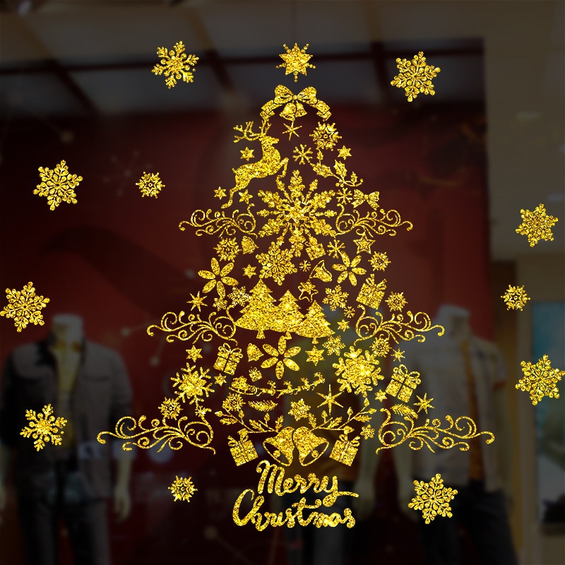 Glänzende Gold Weihnachten Baum Fenster Aufkleber Santa Fahrt Weihnachten Girlande Zauberstab Decals Neue Jahr Schaufenster Aufkleber Schneemann Wohnkultur